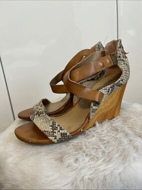 Snake-Print & Tan Wooden Wedge Sandals, Size 8.5